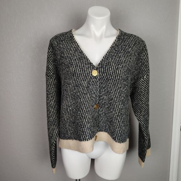 J.Crew Jacquard V-Neck Lady Jacket Cardigan Wool Blend Black/Cream Size Large - Picture 2 of 14